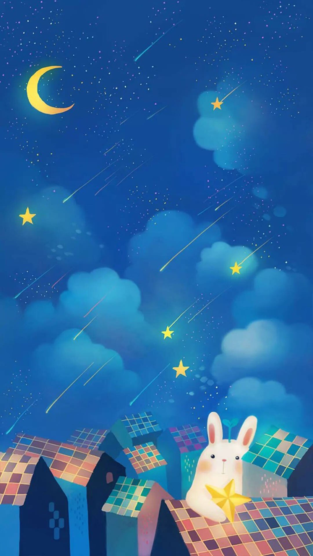 卡通 兔子 夜空 流星 月亮
