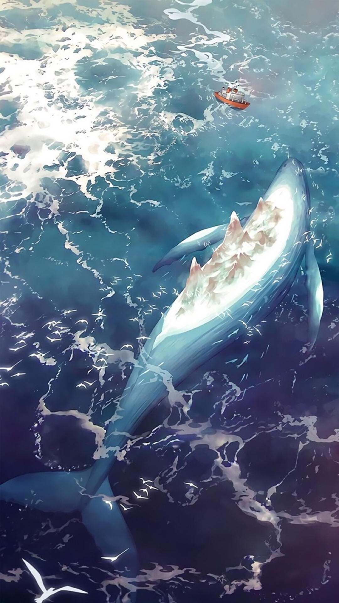 手绘 海面上的大鲸鱼