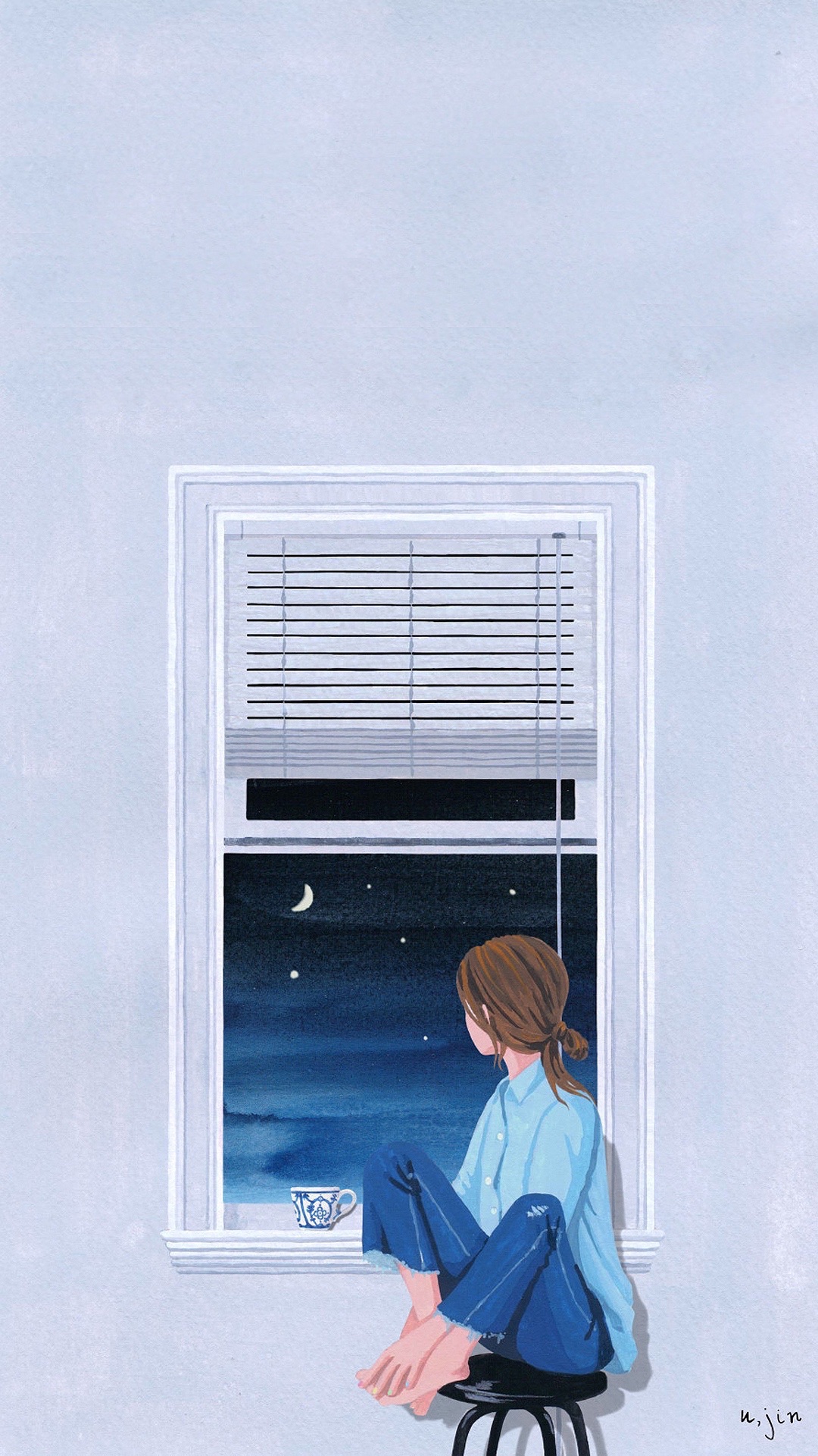 窗边 女孩 手绘 插画 夜
