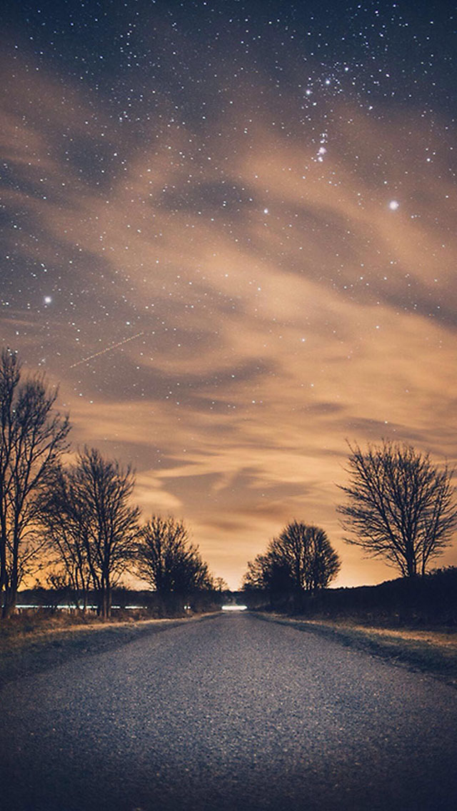 星空 公路 夜景 火烧云 橙色