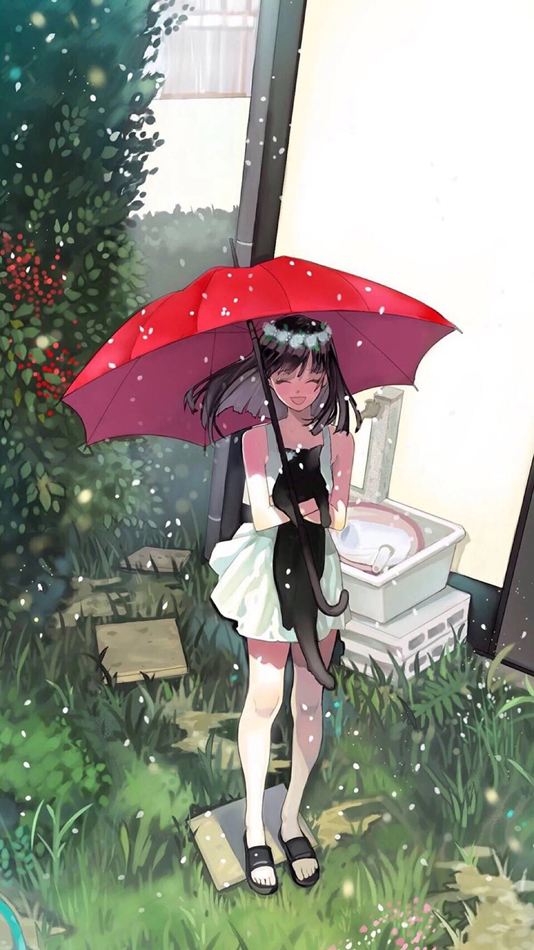 二次元女孩 雨天 红伞 黑猫