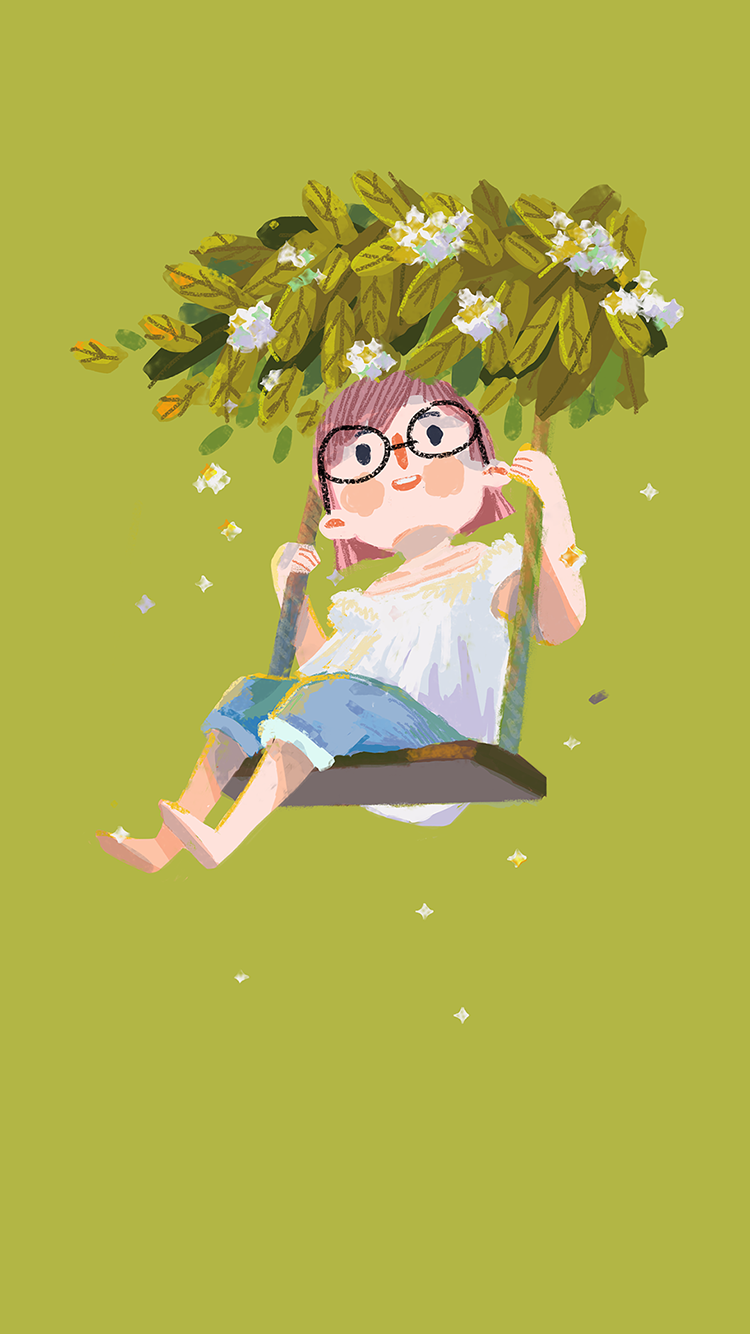 手绘插画 女孩 荡秋千 绿色系 苹果手机高清壁纸