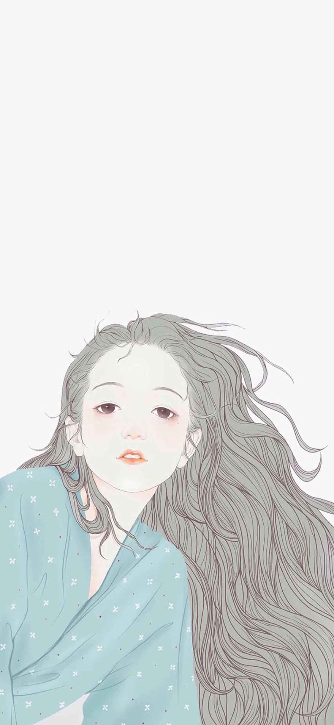 纯色背景 女孩 插画 长发 唯美