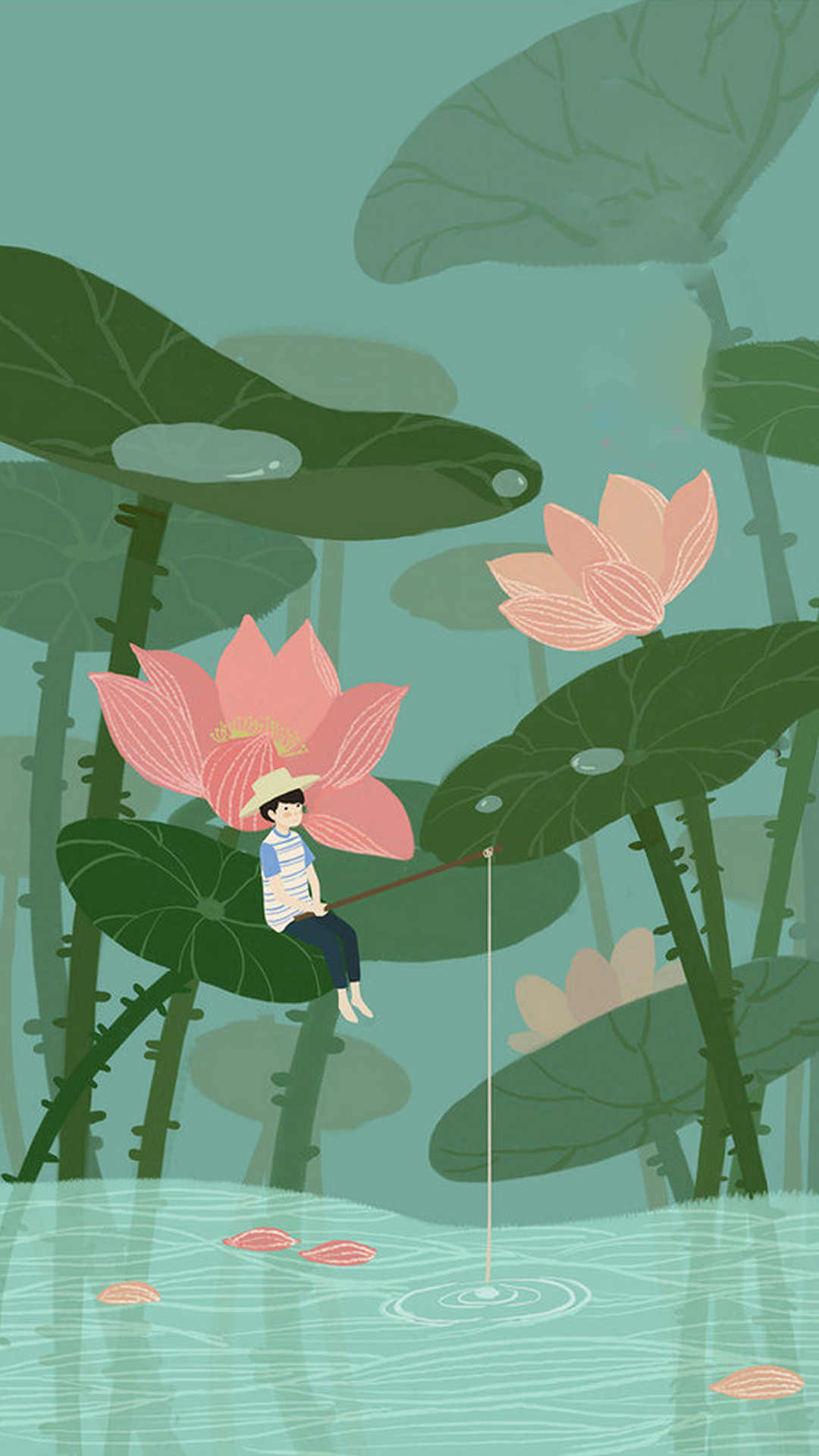 荷塘 夏日 荷花 插画 垂钓 男孩