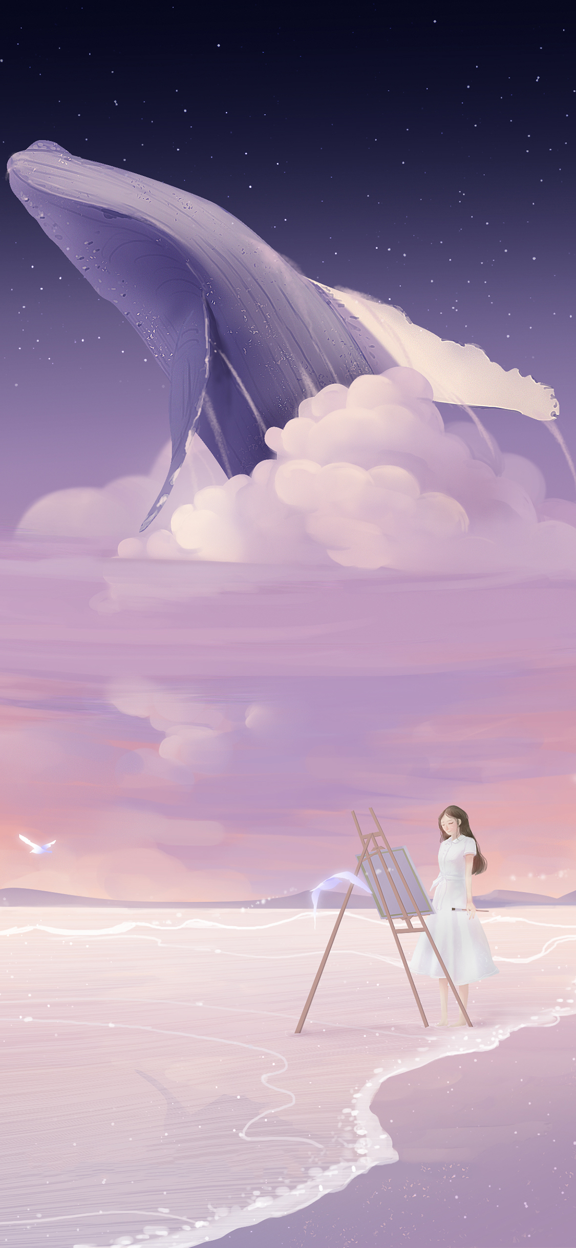 插画 艺术 唯美 鲸鱼 女孩 紫色调